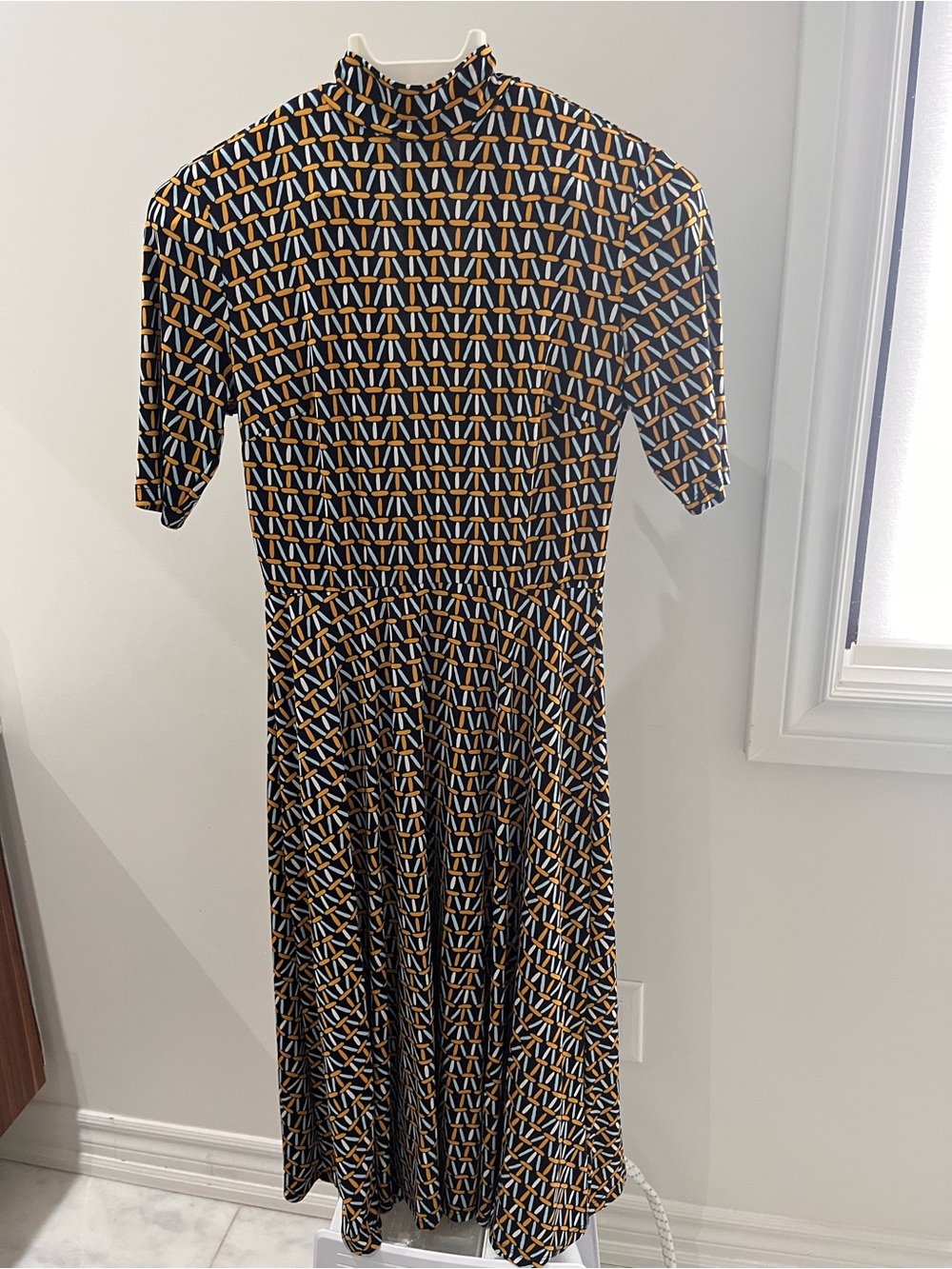 Geometric Print Midi Dress in Dark, light blue & Mustard